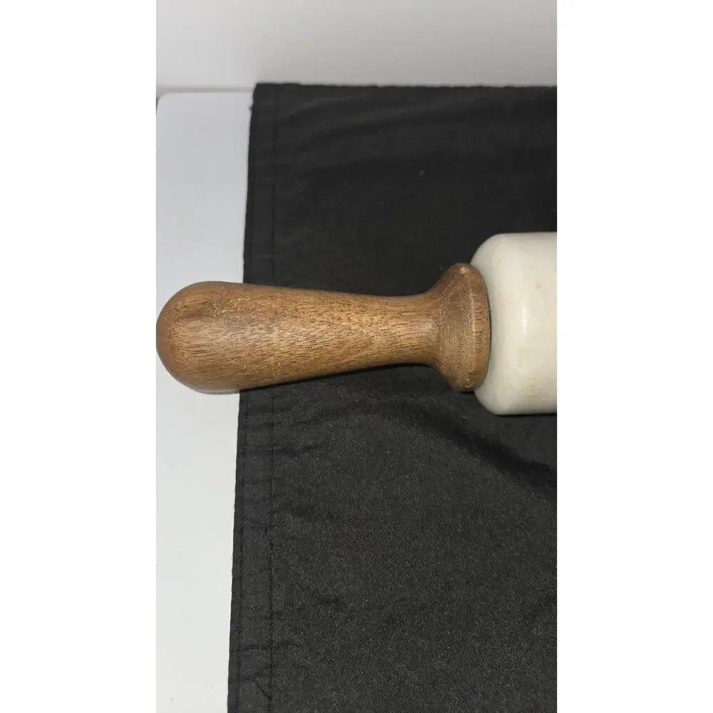 Pampered Chef White Marble Rolling Pin #1607 w/ Wood Handles & Cradle Stand